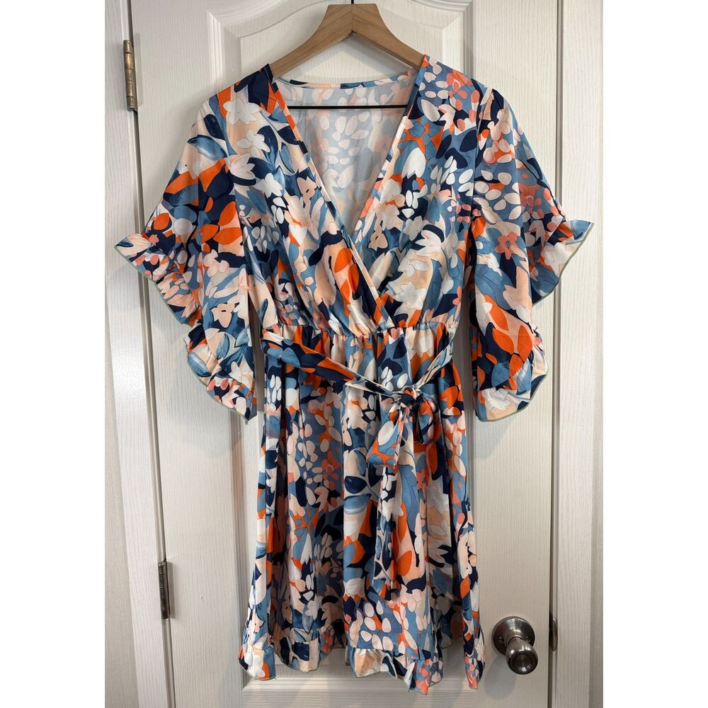 SHEIN Women’s Floral Wrap Dress Size Small Blue Orange Ruffle Tie Waist
